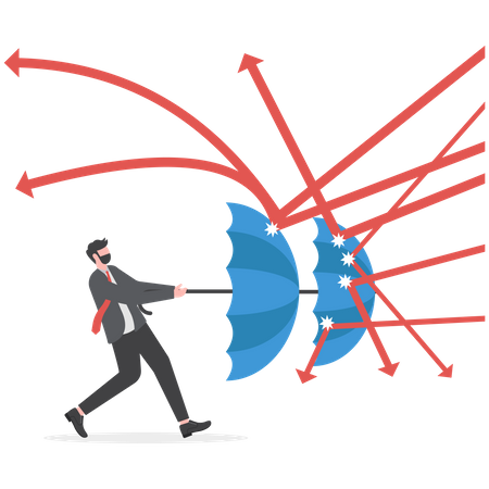 Empresário inteligente e confiante segurando guarda-chuva para proteger da flecha  Ilustração