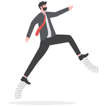 Un hombre de negocios inteligente corriendo rápido con un resorte elástico rebotando en los zapatos.  Ilustración