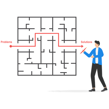 Empresário inteligente encontrando caminho através do labirinto  Ilustração