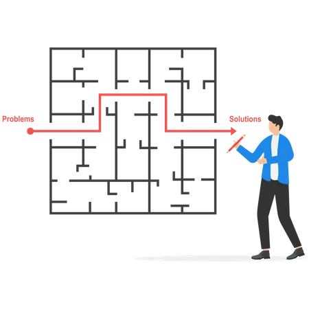 Empresário inteligente encontrando caminho através do labirinto  Ilustração