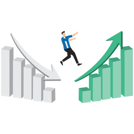 Empresário inteligente passando do gráfico vermelho de declínio para o gráfico de crescimento empresarial  Ilustração