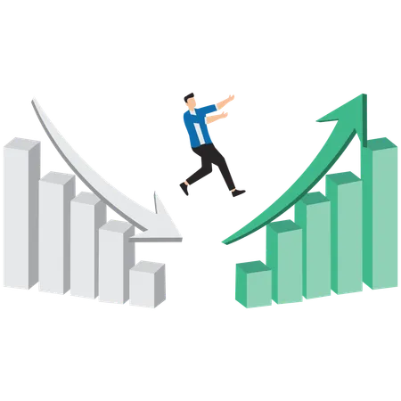 Empresário inteligente passando do gráfico vermelho de declínio para o gráfico de crescimento empresarial  Ilustração