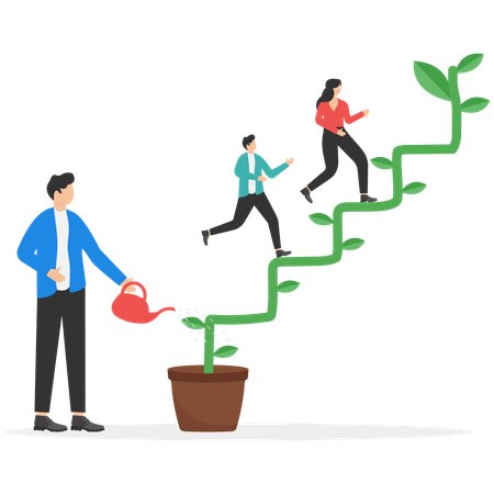 Empresario inteligente regando plantas de plántulas que crecen como escaleras para subir y alcanzar el éxito  Ilustración