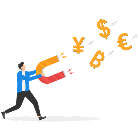 Empresário inteligente segura ímã de alta potência para sacar dinheiro  Ilustração