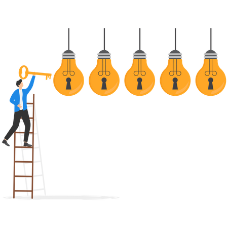 Empresário inteligente segurando a chave de ouro para desbloquear novas ideias de negócios  Ilustração