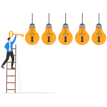 Empresário inteligente segurando a chave de ouro para desbloquear novas ideias de negócios  Ilustração