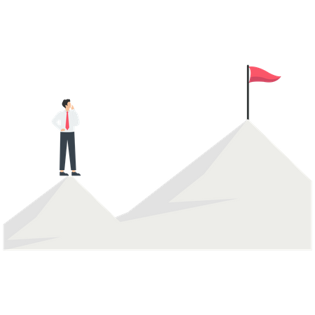 Empresário inteligente segurando uma bandeira no topo da montanha e olhando para outra montanha mais alta  Ilustração