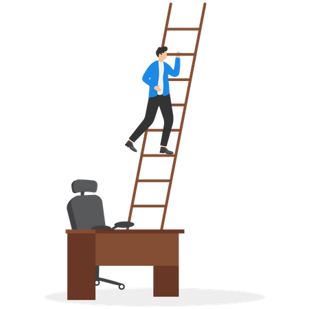 Un hombre de negocios inteligente sube la escalera desde su escritorio a un nivel superior  Ilustración