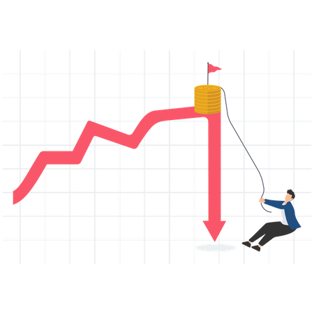 El hombre de negocios intenta escalar el gráfico hasta la cima del punto de ganancias.  Ilustración