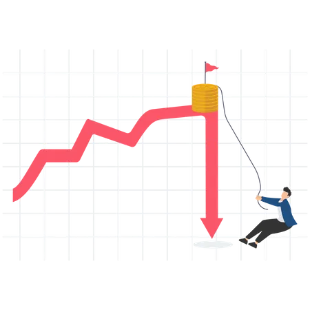 El hombre de negocios intenta escalar el gráfico hasta la cima del punto de ganancias.  Ilustración