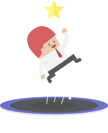 Empresario intentando atrapar la estrella saltando en un trampolín  Ilustración