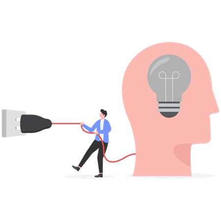 Hombre de negocios intentando desconectar la bombilla de su cerebro  Ilustración