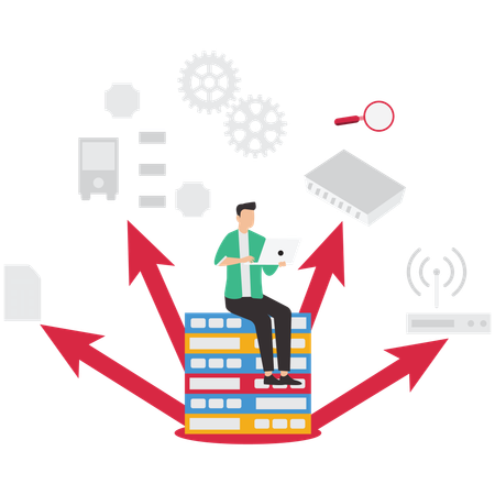 Hombre de negocios intentando trabajar con errores de base de datos  Ilustración