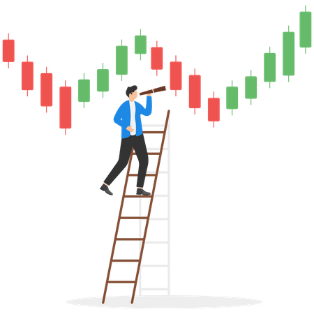 Inversor de empresario inteligente mira el gráfico de velas japonesas para futuras inversiones  Ilustración