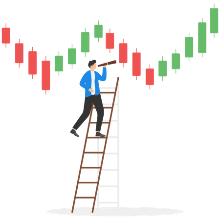 Inversor de empresario inteligente mira el gráfico de velas japonesas para futuras inversiones  Ilustración