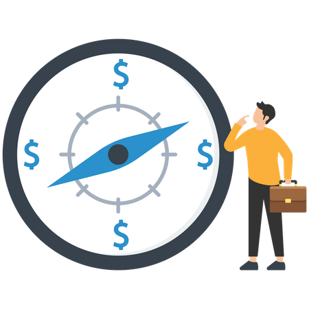 Inversor empresario mirando la brújula con la dirección del signo de dólar  Ilustración