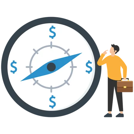 Inversor empresario mirando la brújula con la dirección del signo de dólar  Ilustración