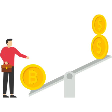 Inversionista empresario de pie y mirando el dólar balancín de moneda bitcoin  Ilustración