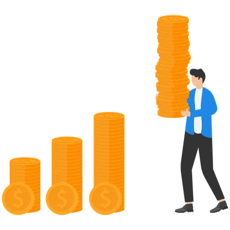 Inversor empresario sosteniendo una gran pila de monedas de dinero en dólares para ponerlas como gráfico compuesto de crecimiento  Ilustración