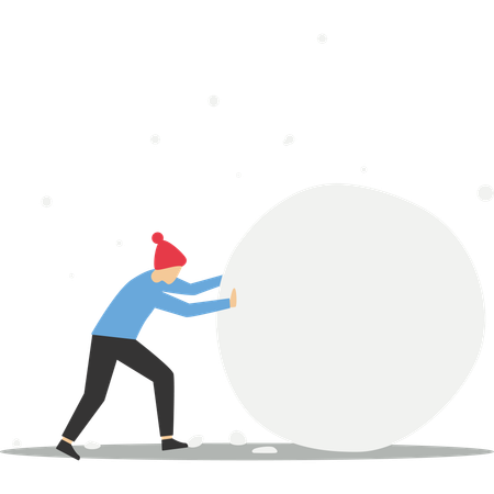 Empresario inversionista rodando una gran bola de nieve  Ilustración