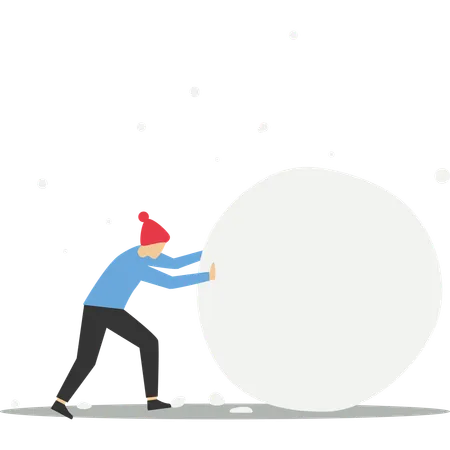 Empresario inversionista rodando una gran bola de nieve  Ilustración