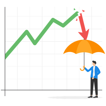 Inversionista empresario sosteniendo un paraguas fuerte listo para el gráfico de flechas de recesión  Ilustración