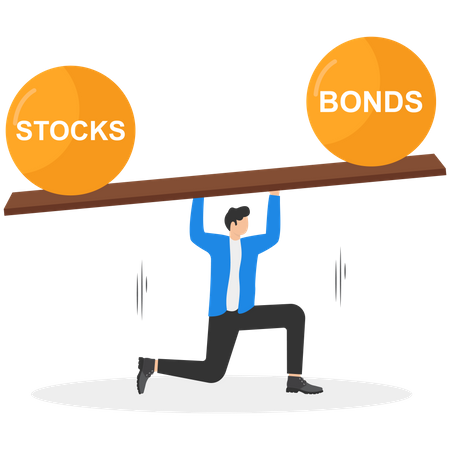 Equilíbrio do investidor empresário na gangorra de ações e títulos  Ilustração