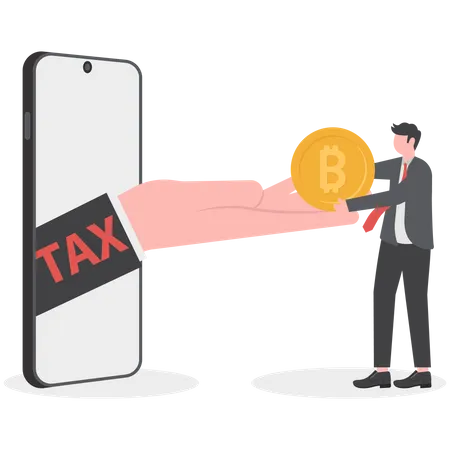Imposto Sobre Criptomoeda Investidor Empresario Segurando Bitcoin Surpreso Com A Lei Fiscal De Emissao Manual Do Governo Ilustração