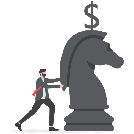 Investidor empresário empurrando xadrez com cifrão em cima para obter lucro  Ilustração