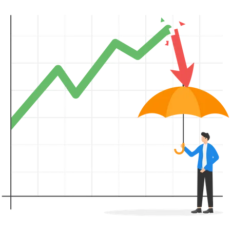 Investidor empresário segurando guarda-chuva forte pronto para gráfico de seta de recessão  Ilustração