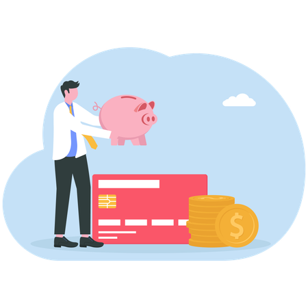 El empresario invierte dinero en una tarjeta de crédito.  Ilustración
