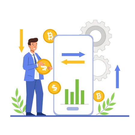 Empresario invierte en mercado de criptomonedas a través del móvil  Ilustración