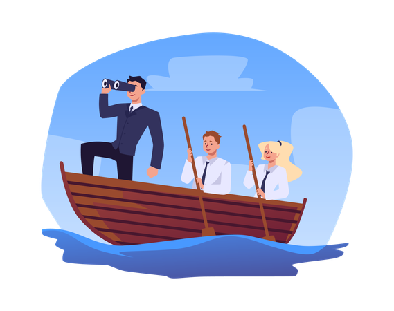 Jefe empresario con equipo navegando en barco  Illustration