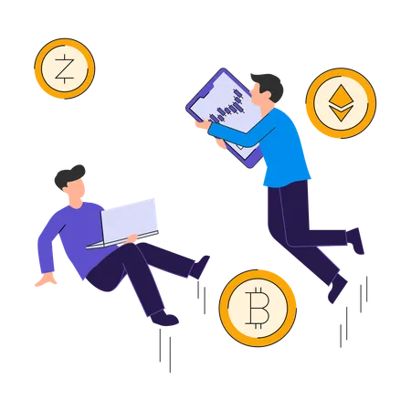 Empresário junto com sua equipe trabalha em criptomoeda  Ilustração