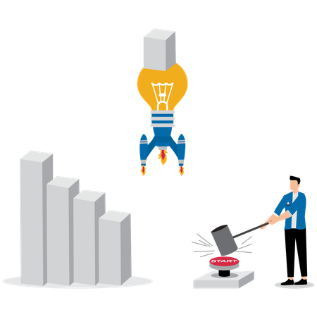 Empresário lança lâmpada de ideia para impulsionar gráfico de barras de tendência de baixa para o céu  Ilustração