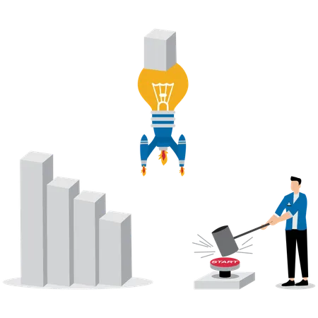 Empresário lança lâmpada de ideia para impulsionar gráfico de barras de tendência de baixa para o céu  Ilustração