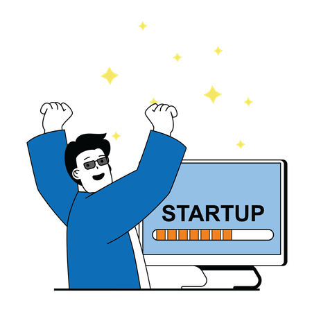 Empresário lançando startup on-line  Ilustração