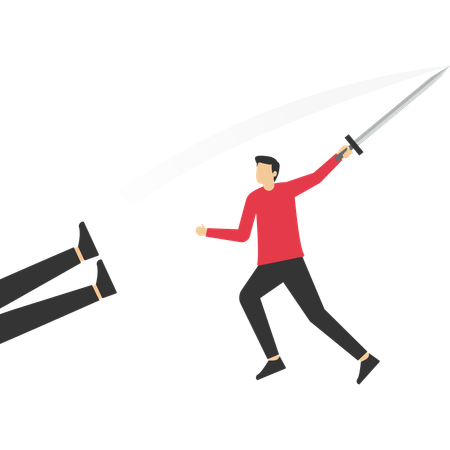 Empresário levantando a mão para vencer após derrota contra adversário gigante  Illustration