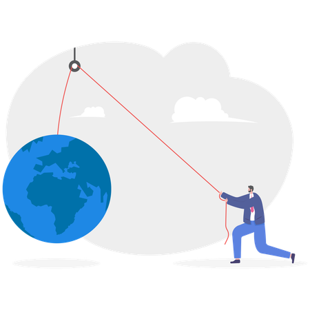 Empresario levantando el globo sobre la cuerda de la polea  Ilustración