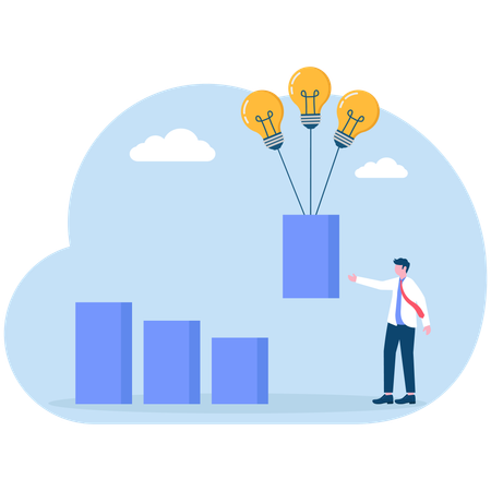 Hombre de negocios levantando un gráfico de barras con ideas  Ilustración