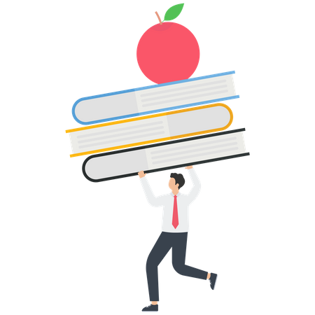 Empresário levanta pilha de livro e maçã  Ilustração