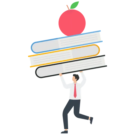 Empresário levanta pilha de livro e maçã  Ilustração