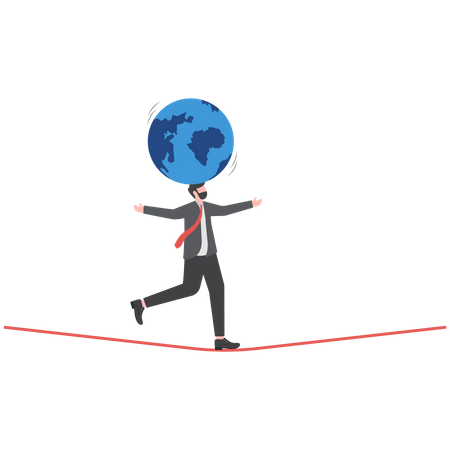 Acrobata líder empresário tenta equilibrar o globo mundial na cabeça  Ilustração
