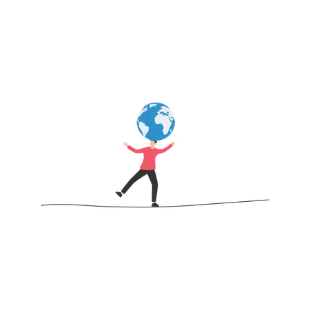 Acrobata líder empresário tenta equilibrar o globo mundial na cabeça  Ilustração