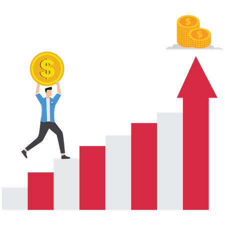 El hombre de negocios lleva una moneda a lo largo de la flecha de un gráfico en crecimiento  Ilustración