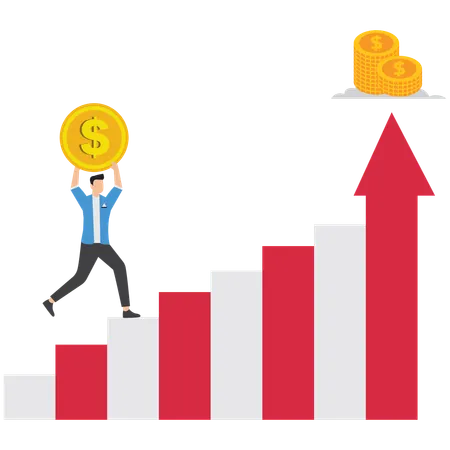 El hombre de negocios lleva una moneda a lo largo de la flecha de un gráfico en crecimiento  Ilustración