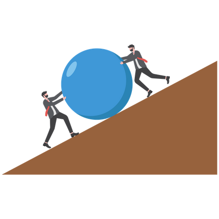 El hombre de negocios lleva una gran bola azul y sube la montaña.  Ilustración