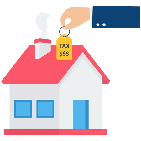 Mano de hombre de negocios sosteniendo la casa con las etiquetas de precio que muestran el impuesto a la propiedad con signos de dólar para pagar  Ilustración