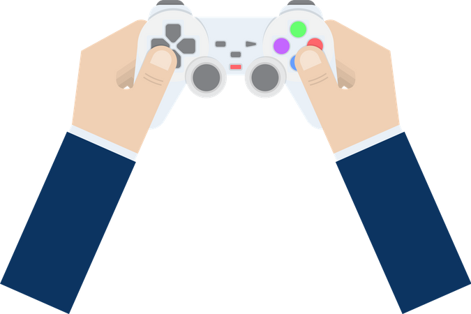 Mano de hombre de negocios sosteniendo joystick o controlador de juego  Ilustración