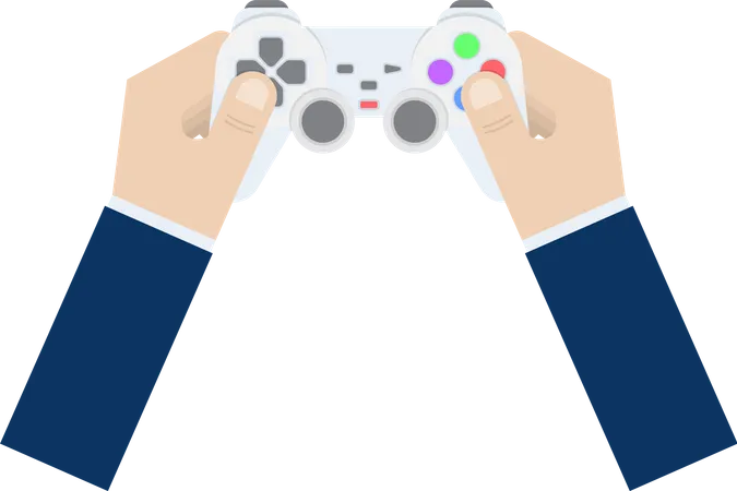 Mano de hombre de negocios sosteniendo joystick o controlador de juego  Ilustración